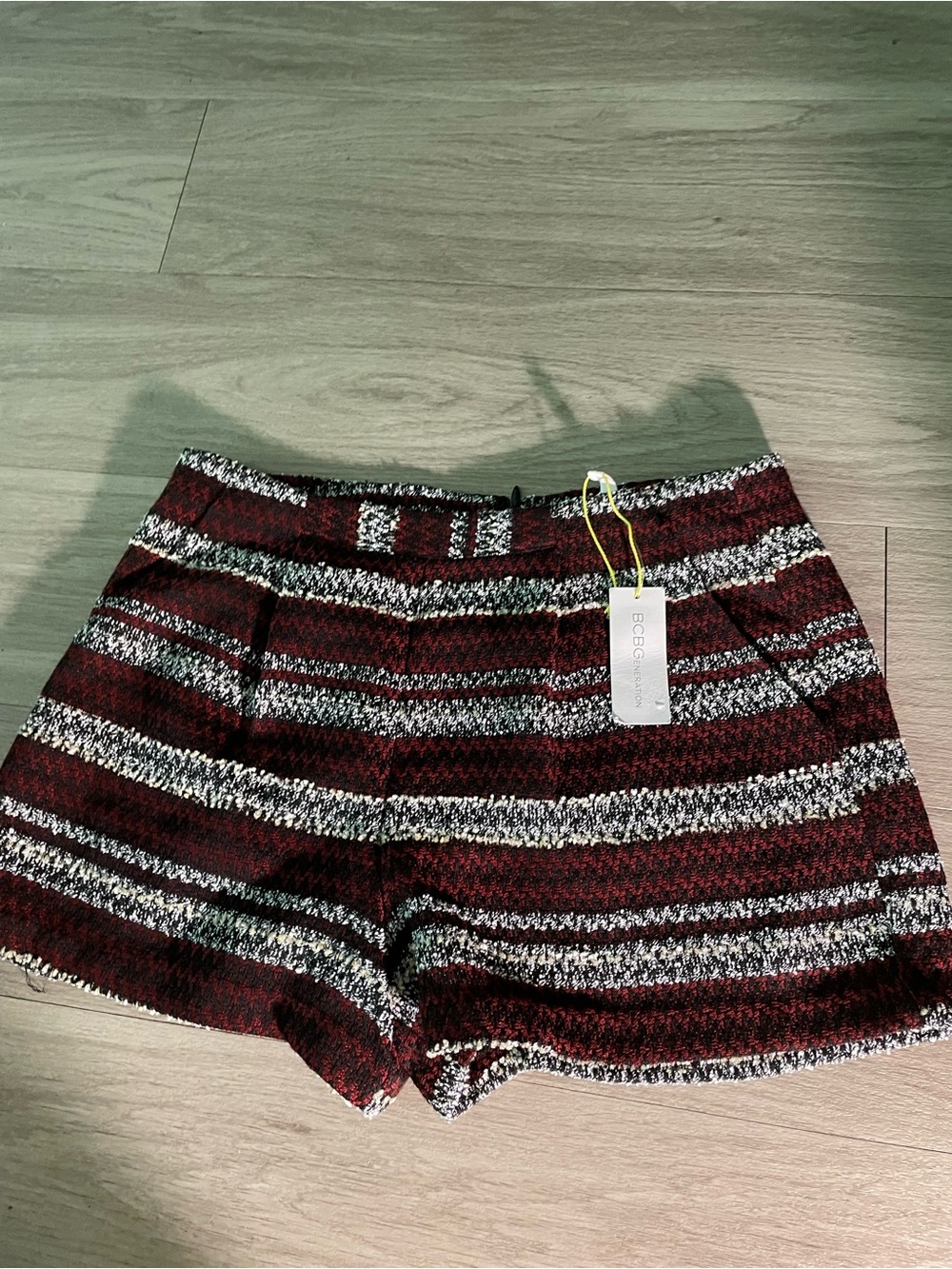BCBGeneration Burgundy and Cream Striped High-Waist Shorts